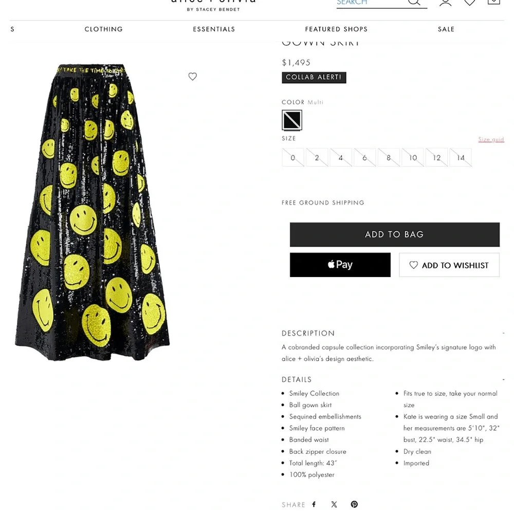 Alice + Olivia Tina Smiley Black Yellow Sequin Embellished Ball Gown Skirt